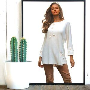 Tiar Bellomo Retro Vintage Long Sleeve Boho Blouse Cream, Size Medium